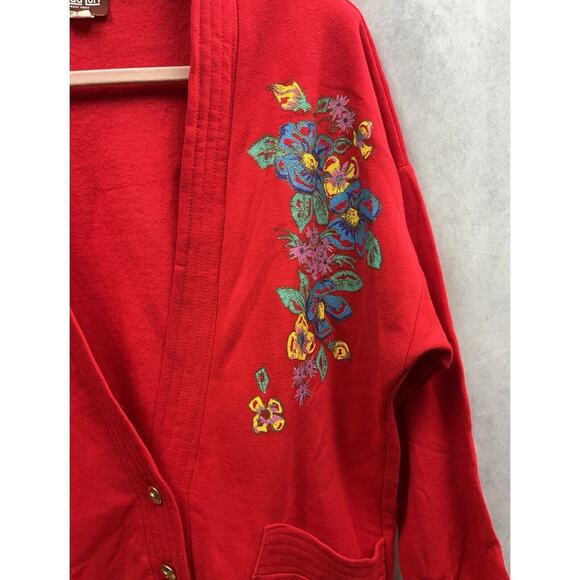 Vintage Linda Lori Floral Painted Cottage Red O/S Cardigan Sweater Rare - Picture 3 of 10